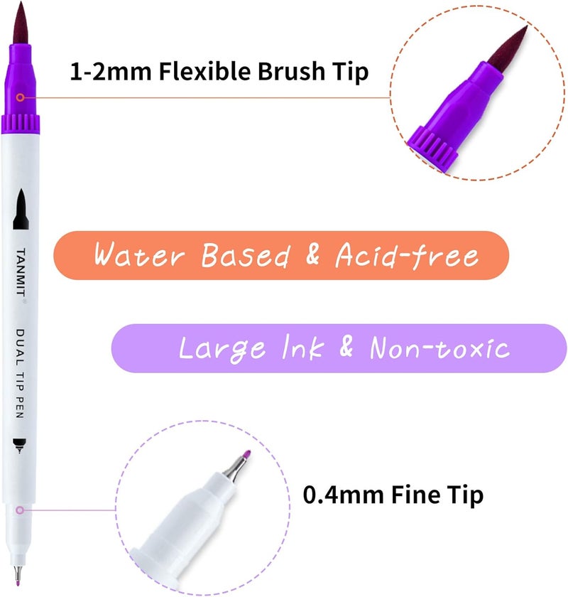 TANMIT Dual Brush Marker Pens for Coloring Books, Fine Tip Coloring Marker & Brush Pen Set for Journaling Note Taking Writing Planning Art Project - Image 2
